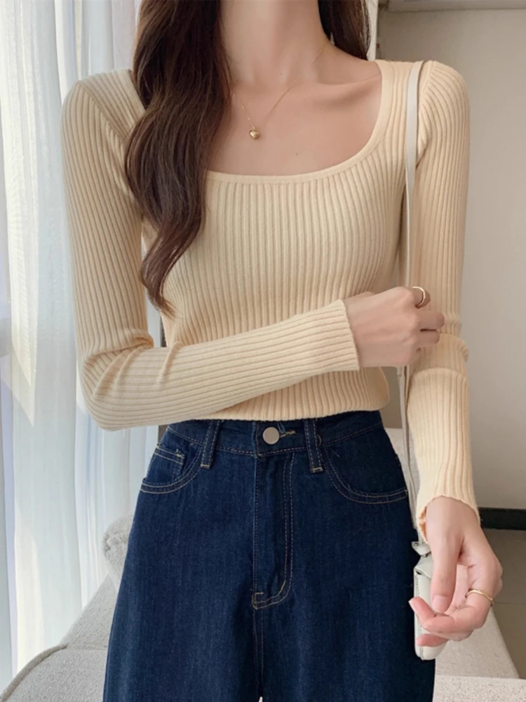 Dames Hoge kwaliteit Slim Fit Casual gebreide trui Basic Solid Truien met vierkante hals Herfst Winter Basislaag met lange mouwen Tops