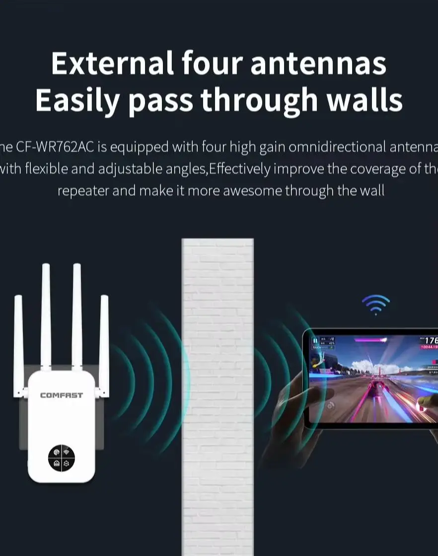 Imagem -03 - Extensor Repetidor Wifi com Tela Inteligente Amplificador de Roteador Repetidor de Sinal sem Fio wi fi Doméstico 2.4g e 5ghz 1200mbps