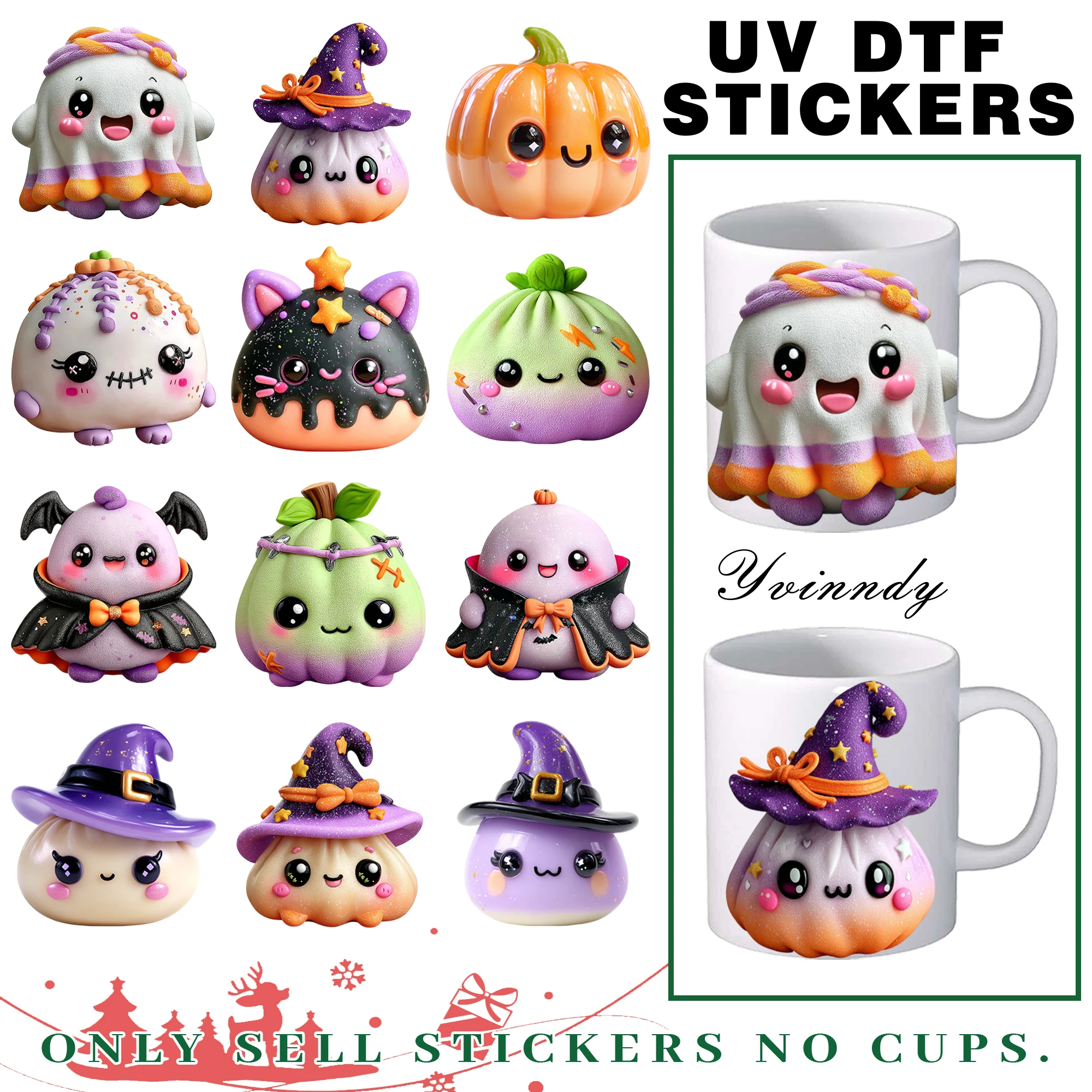 12pcs/set Halloween Kawaii Dumpling DIY UV DTF For Mugs Printing Waterproof Self-adhesive UV DTF For 16oz Glass Can Wrap