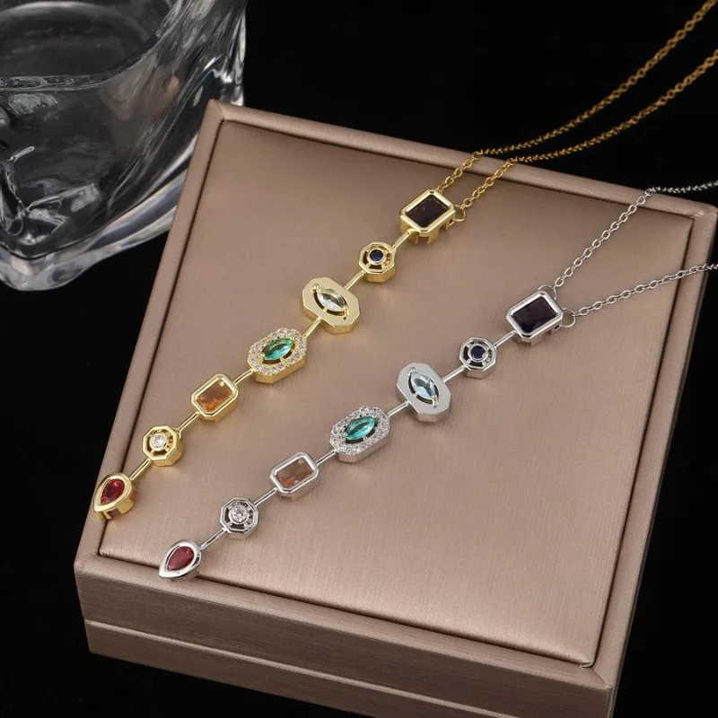 An Elegant Bohemian Style Long Pendant Women Necklace Made of Colored Synthetic Zirconia Perfect for Parties Banquets and Gifts