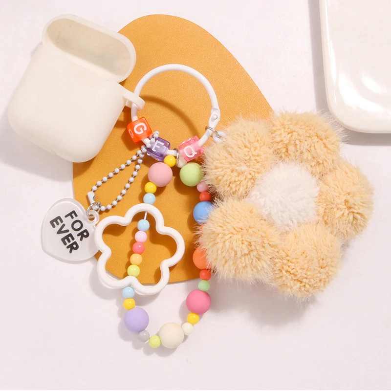 Creative Colorful Bead Chain Keyring Lovely Plush Flower Keychain For Girls Cute Backpack Pendant Bag Decoration