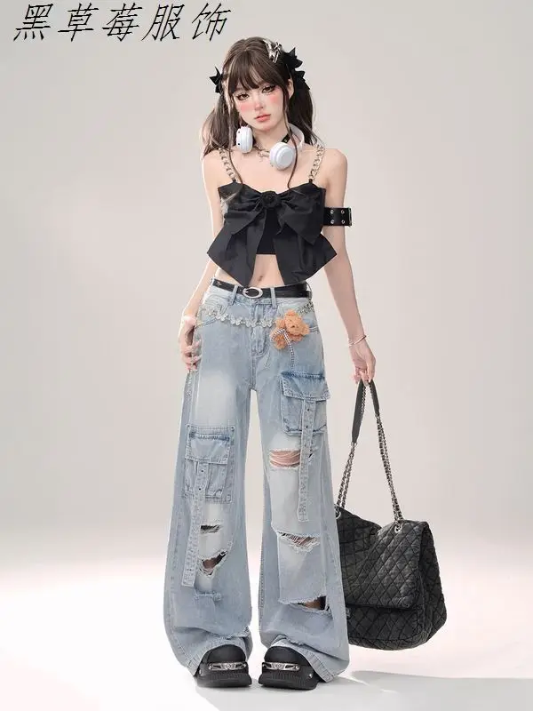 

Женский новый стиль с свободными лентами, прямые брюки для мытья полов, старая мода, рваные джинсы с высокой талией, рабочая одежда