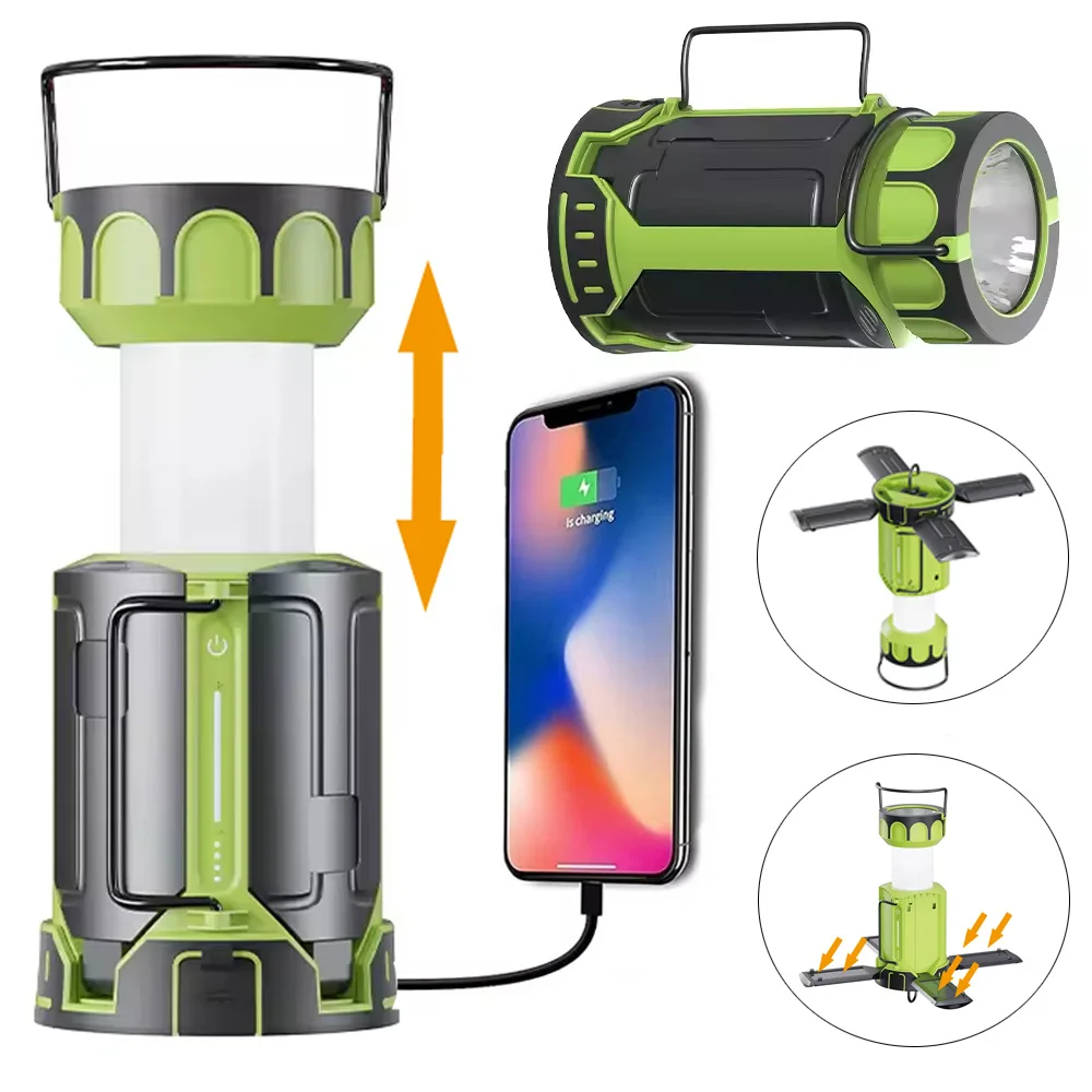 Solar Portable Camping Lantern Lamp Flashlight USB Rechargeable Power Bank Waterproof Emergency Outdoor Searchlight