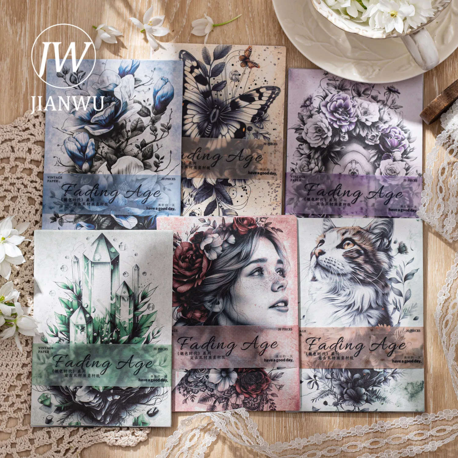 JIANWU 20 Sheets Fading Age Series Vintage Flower Character Collage Material Paper Creative DIY Junk Journal Stationery