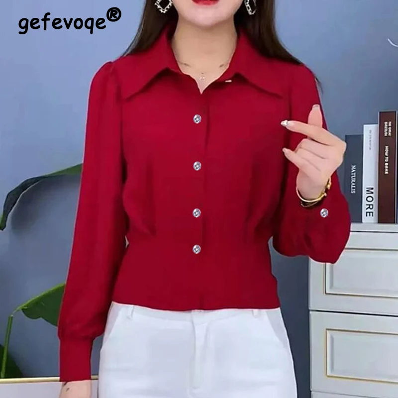 Elegant Korean Fashion Office Lady Business Casual Button Up Shirts Simple Solid Slim Long Sleeve Tops Blouses for Women Clothes