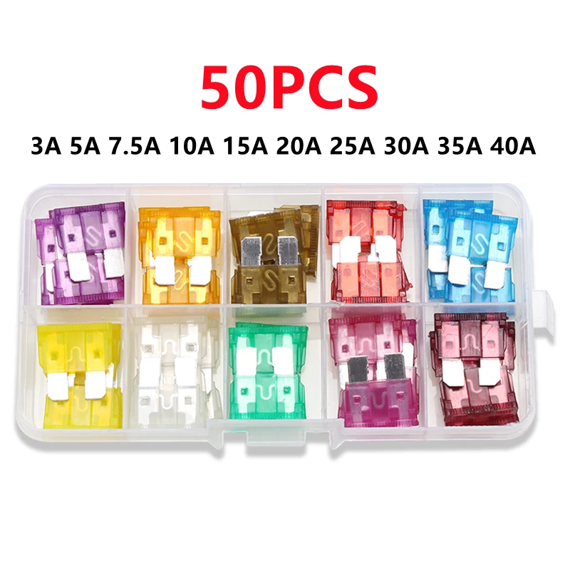 50PCS Car Fuses 3A 5A 7.5A 10A 15A 20A 25A 30A 35A 40A Amp with Box Assortment Auto Blade Type Fuse Set Truck Auto Fuse Set