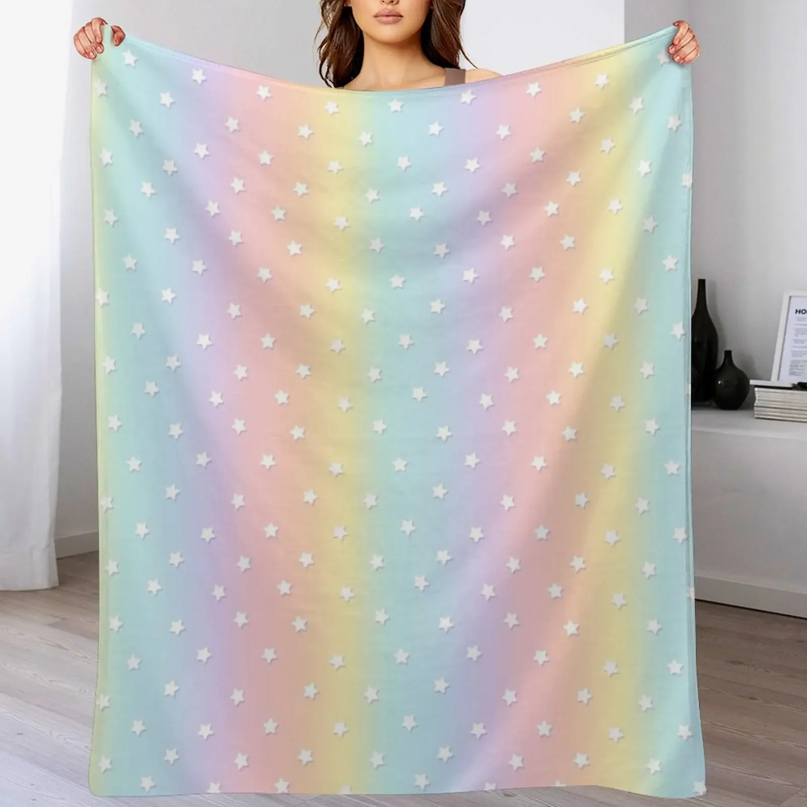 Stars Pastel Rainbow Aesthetic Kawaii Cute Pattern Throw Blanket Multi Use Warm Blanket for Living Room Bedroom
