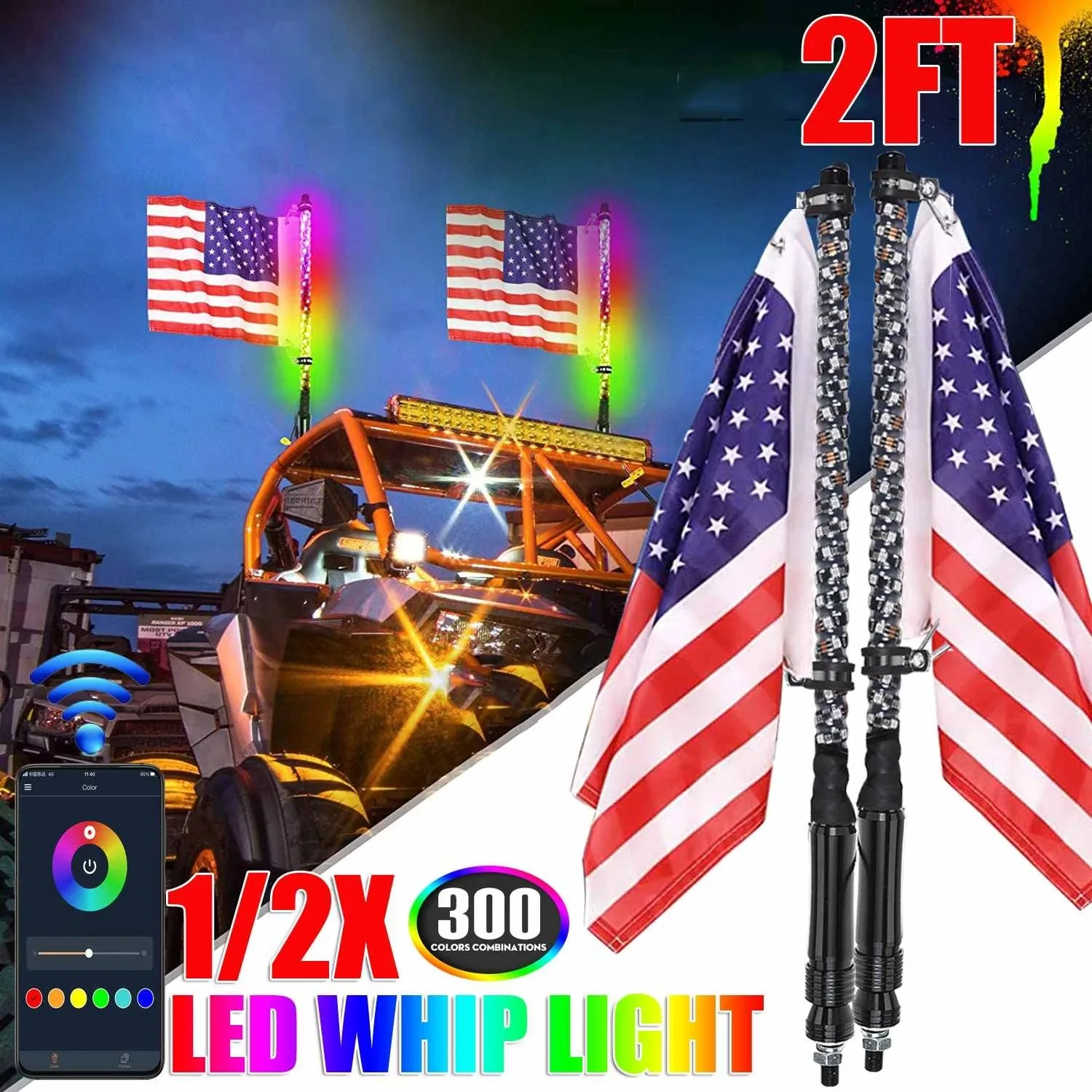 2pcs 2/3/4/5FT LED Whip Light RGB Waterproof antenas led para rzr for Can-Am Polaris Buggies ATV/UTV Parts Accessories