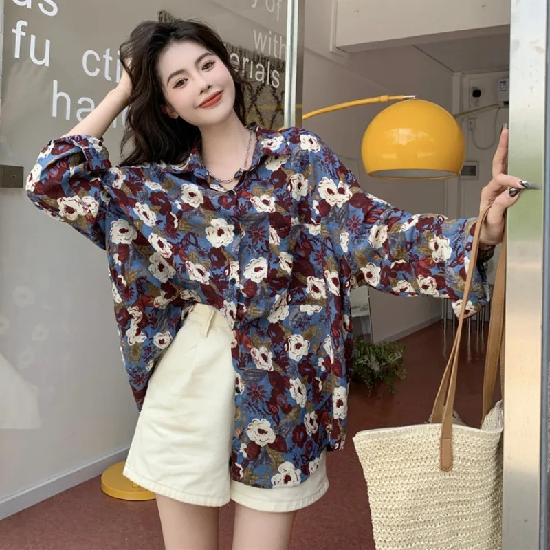 Autumn Floral Shirt For Women Blouses Casual Vintage Long Sleeve Loose Fit Chic Floral Blouse Single-Breasted Ladies Blusas