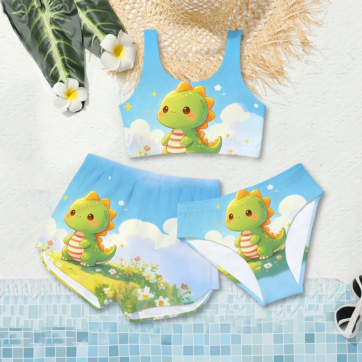 Girls' Summer Style Atmospheric Dinosaur Fashion Three Piece Swimsuit Casual Sportswear