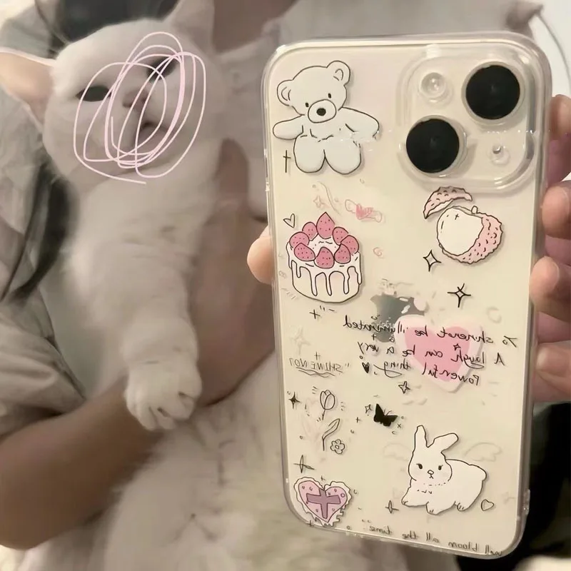 Coque de téléphone vintage coréenne pour iPhone, ours de soin, lapin, iPhone 11, 12, 13, 14, 15 Pro Max, iPhone Poly XS