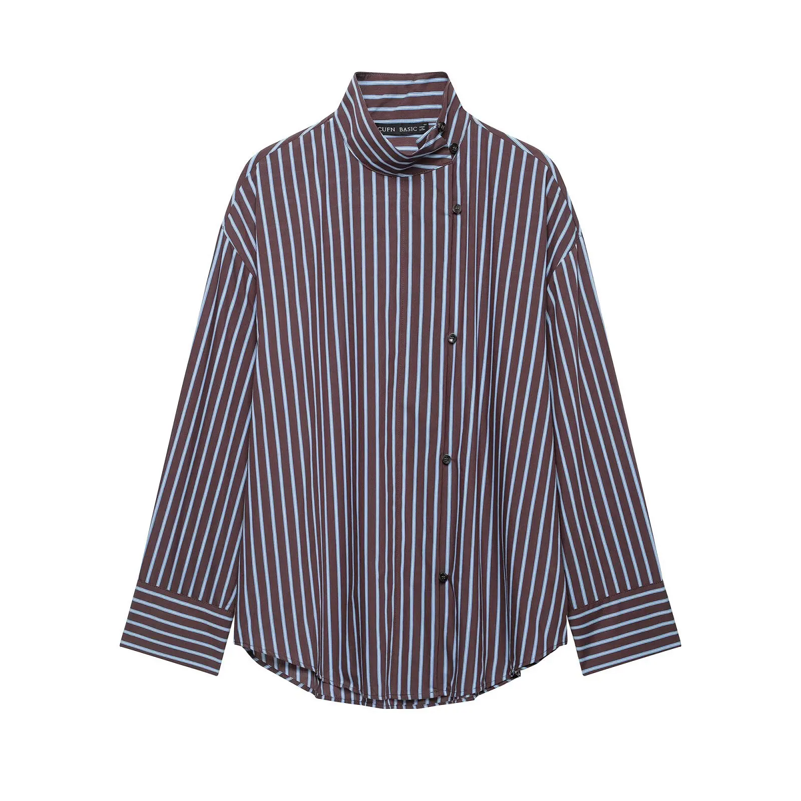 SuperAen Women's Clothing 2026 Autumn New Korean Style Casual Simple Fashion Striped Stand Collar Shirts Asymmetrical Shirts