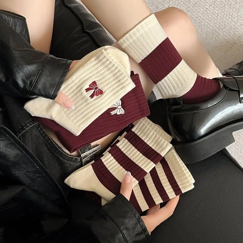 Women New Red Lovely Bow Mid-tube Beauty Korean Fashion Academy Style Boneless Pile Cotton Comfort Ins Sock Autumn Winter Socks