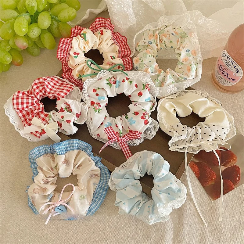 Cute Cherry Bear Fabric Lace Edge Hairband Female Bow Large Intestine Hairband High Elasticity Female Hairstring Hair Accessory - Image 4