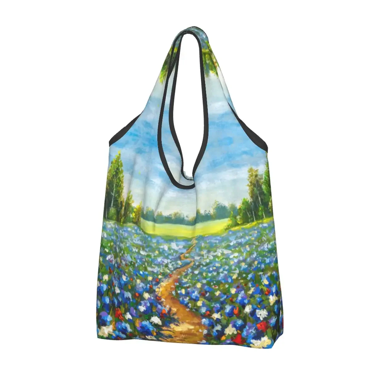 

Aesthetic Floral Flower Field Oil Painting Shopping Bags Reusable Grocery Bags Large Capacity Art Bags Washable Handbag