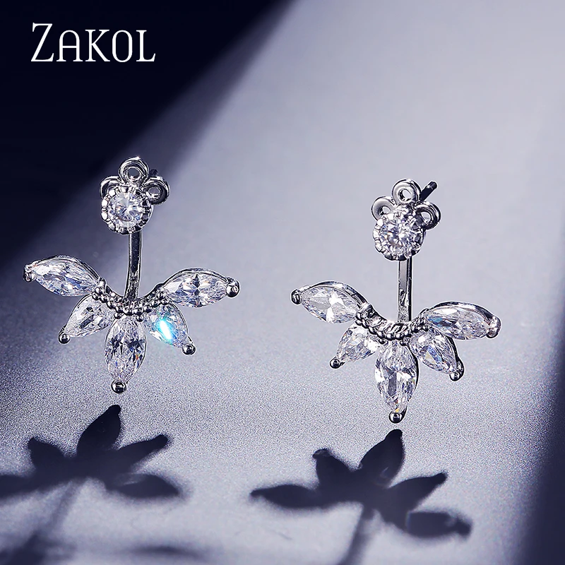 ZAKOL Fashion Leaf Stud Earrings For Women Girls Simpe Cubic Zircon Earring Jackets Jewelry Party Jewelry