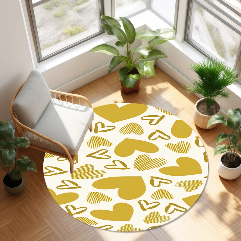 Moderner Geometrischer & Herz-Muster Runder Teppich, Rutschfester Waschbarer Bodenteppich, Niedlicher Abstrakter Kreis-Teppich für Wohnzimmer Schlafzimmer