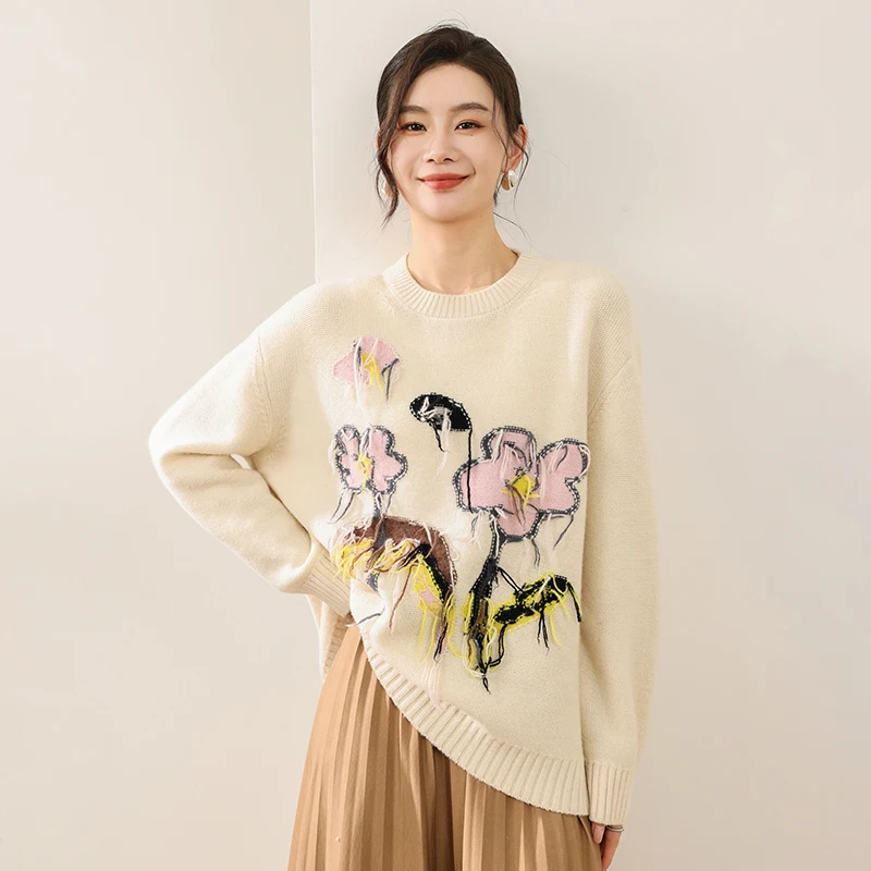 

Autumn Winter Sweater Women's 100% Merino Wool Sweater Pullover Festival Casual Warm O-Neck Flower Pattern Handmade Tassel Knit
