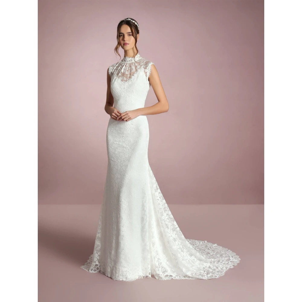 

ESBRIDE Elegant White Wedding Dress High-Neck Wedding Dresses Lace Applique A-Line Civil Bride Gown Vestidos De Novia Customized
