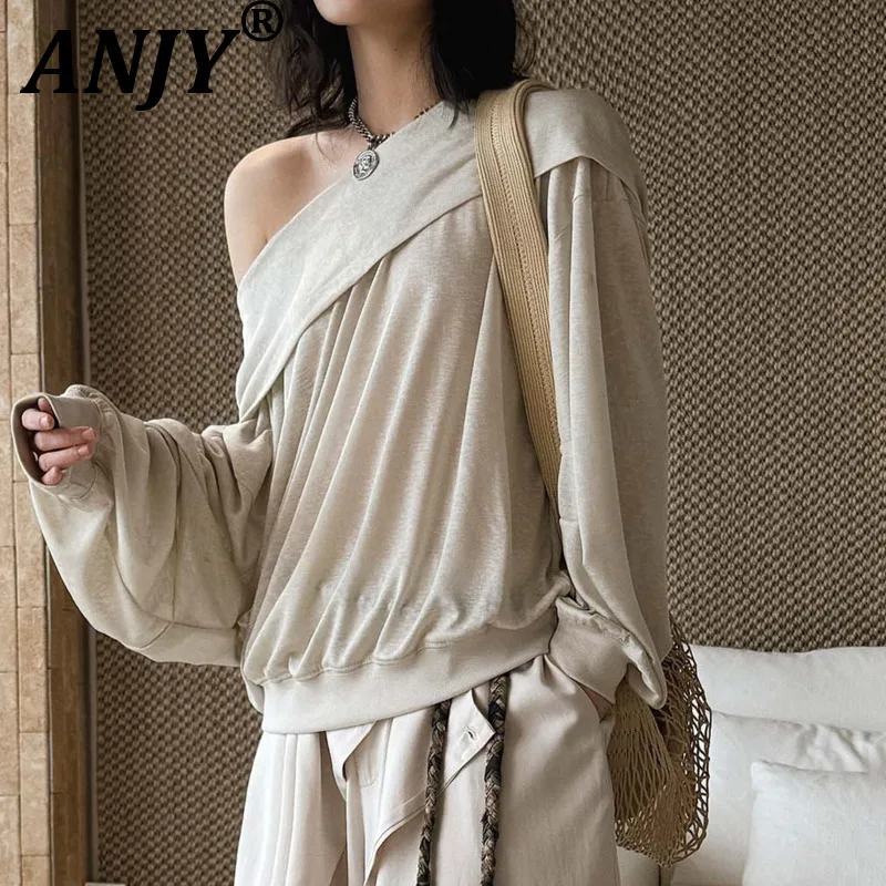 

ANJY Spring Summer New Women Fashion Slash Neck Pleated Solid Color Hoodies Trendy Stylish Loose Casual Hooded Sweatshirt A21466