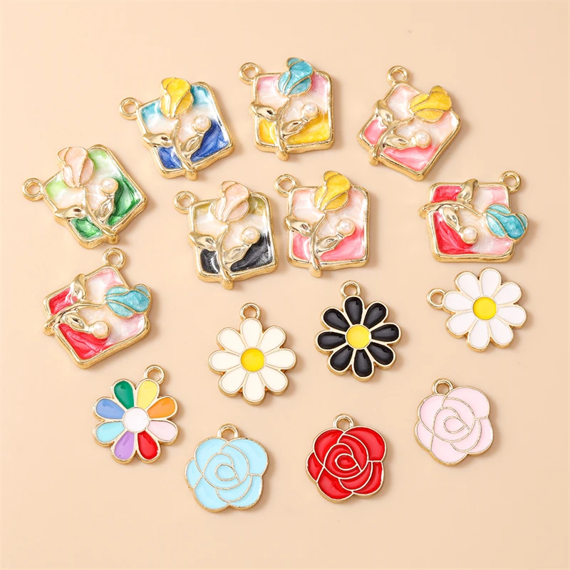 10 Stück niedliche, bunte Emaille-Blumen-Anhänger für Ohrringe, Halsketten, Armbänder, DIY-Bastelarbeiten, Schmuckherstellung, Zubehör – Detail 1