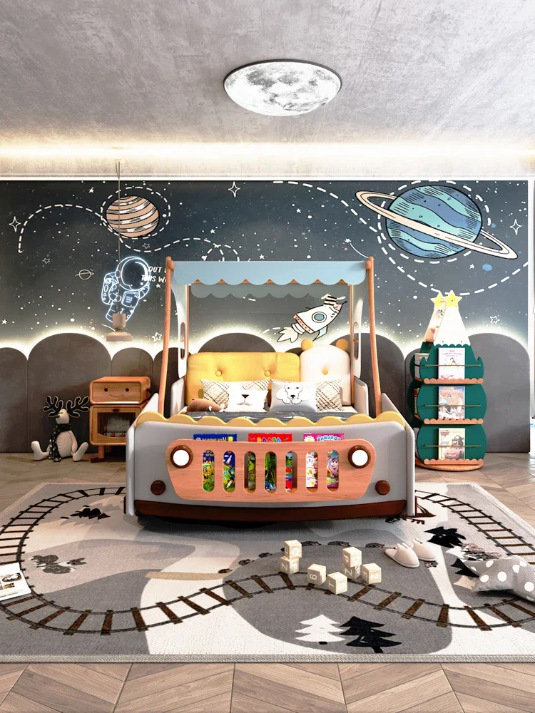Children's car bed Boys and girls with guardrail Solid wood tree house tent bed Bedroom single Leather bed