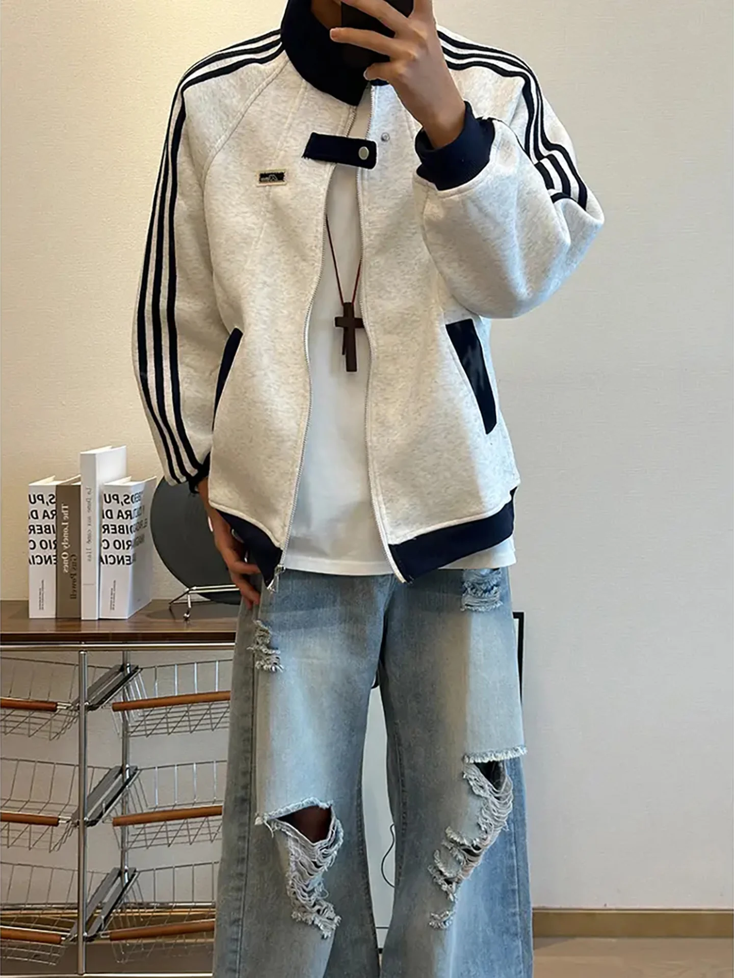 

Мужская осенняя тяжелая спортивная куртка в американском стиле Sle, модный полосатый открытый кардиган, толстовка, пальто для колледжа, основа Sle...