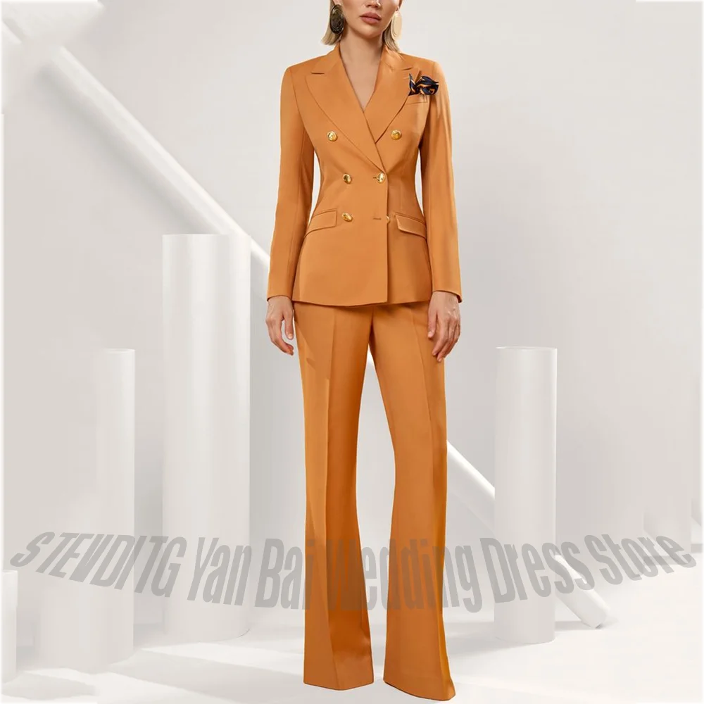 Professional Women Suit with Gold Buttons Classic Double Breasted Slim Fit Blazer Pants Formal Business Outfit Office Work Event