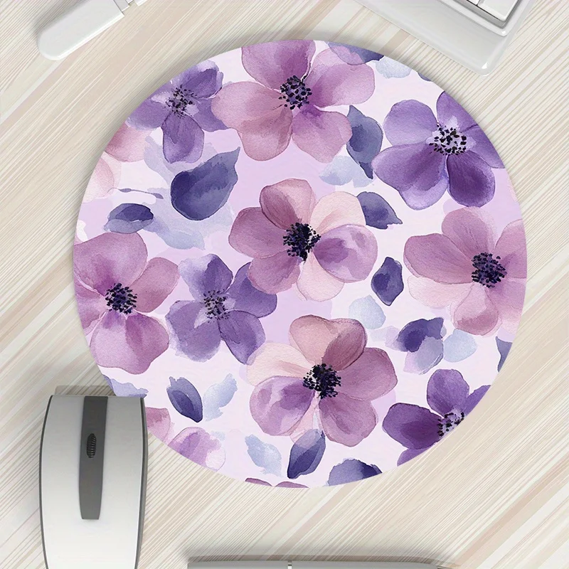 1pc Purple Floral Round Mouse Pad Non-Slip Rubber Surface Desk Accessories Desk Pad Pc Setup Accessories Mouse Mat Rug Computer