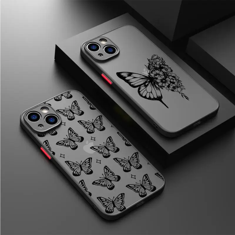 Butterfly Printed Case for Apple iPhone 15 11 14 13 12 Pro 7 XR X XS Max 8 Plus 6 6S SE 2022 15Pro Black Matte Phone Funda