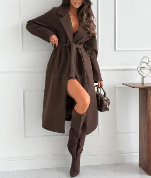 

2025 популярное осенне-зимнее простое однотонное шерстяное пальто с длинными рукавами и лацканами для женщин