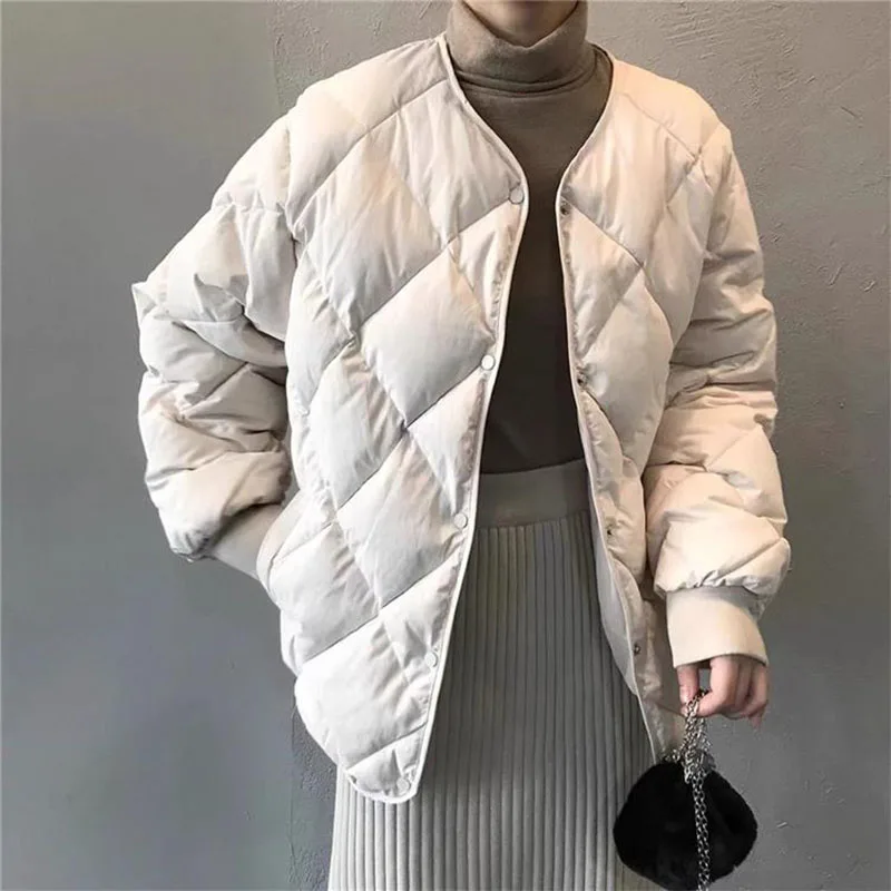 Spring Autumn New Down Cotton Jacket Women's Short Diamond-shaped Parkas Lightweight Collarless Outwear Lady Loose Casual Coats