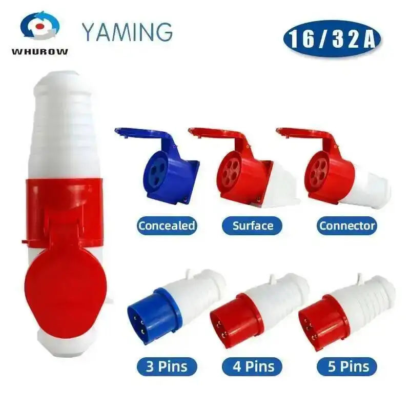 16A/32A Industrial Plug Socket Connector Male Female 3/4/5 Cores Pins Waterproof Surface Conceal Mounted IP44