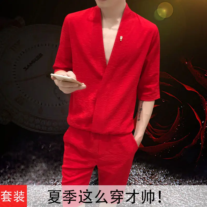 

Men's Korean Style Linen Casual Suit Summer Guy Slim Thin Short Sleeve T-Shirt Two Piece Suit