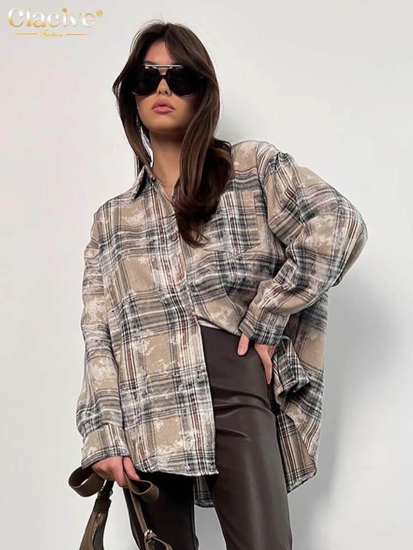 

Clacive Fashion Loose Plaid Women's Blouse 2024 Vintage Lapel Long Sleeve Shirts Elegant Classic Top Female Clothing Streetwear