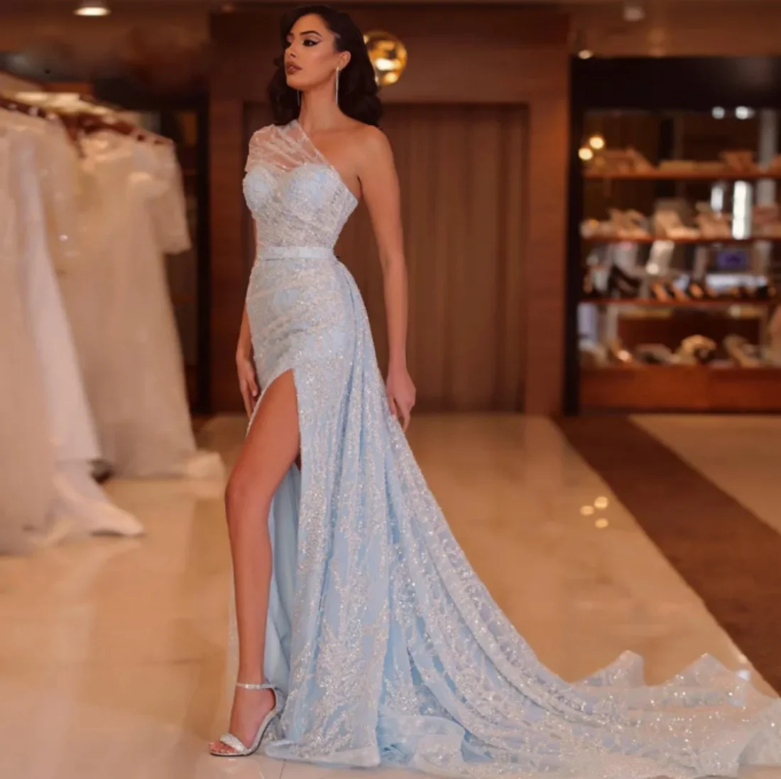 

Sexy One Shoulder Formal Luxury Evening Dress New Applique Beads Mermaid Dubai Prom Party Dress Vestidos de fiesta فساتين طويلة