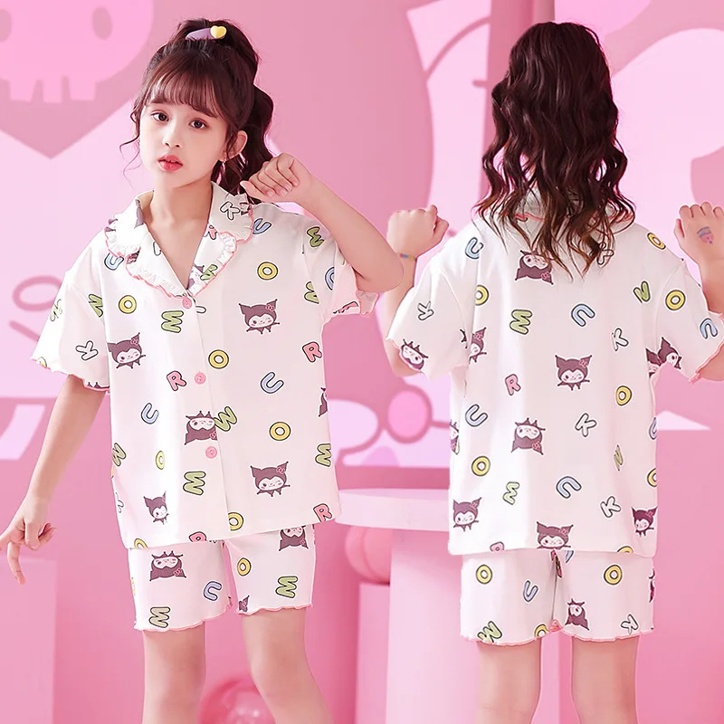 New Kawaii Sanrio Kids Pajamas Kuromi Cinnamoroll Mymelody Anime Cotton Short Sleeve Shorts Summer Home Two Piece Set Toy Gift