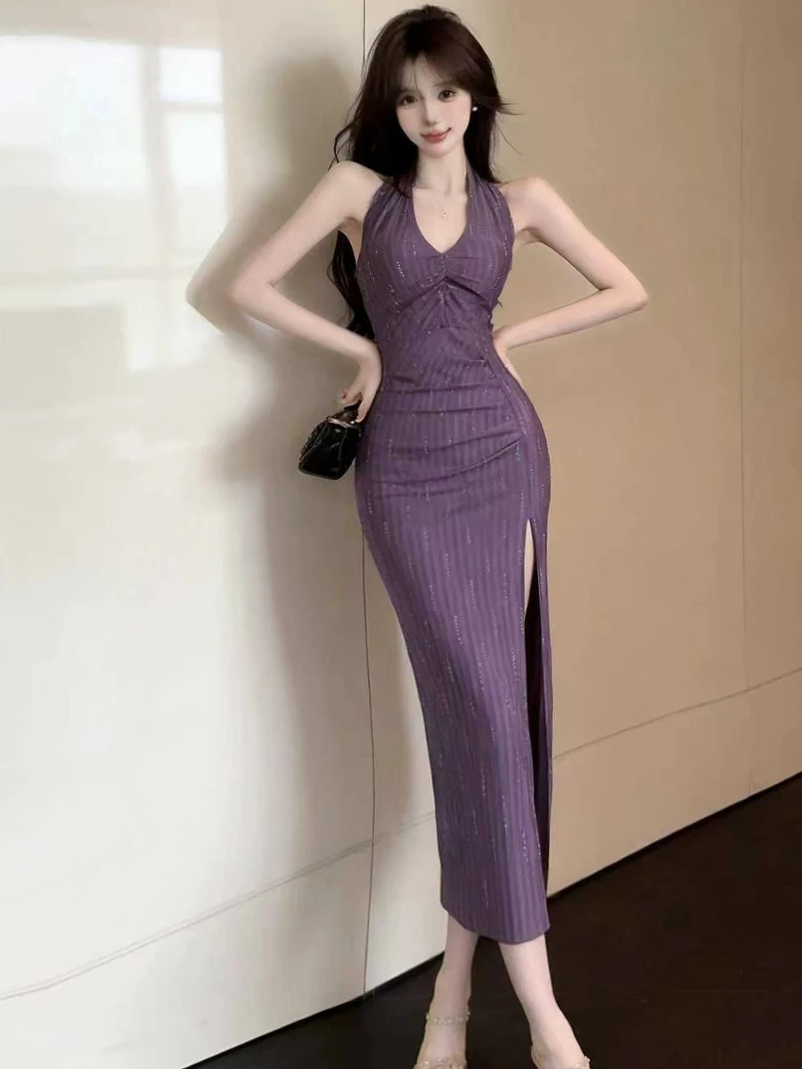 Elegant Sexy Long Dress Vintage Design Open Split Women's Flavor Hanging Neck Backless Midi Dress Casual Mid-Length Skirt