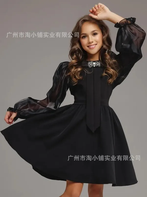 Girls Dress 2026 Spring and Autumn New Children's Clothes Girls Baby Fashion Temperament Bright Yarn Bubble Sleeve Bow Tie Dress