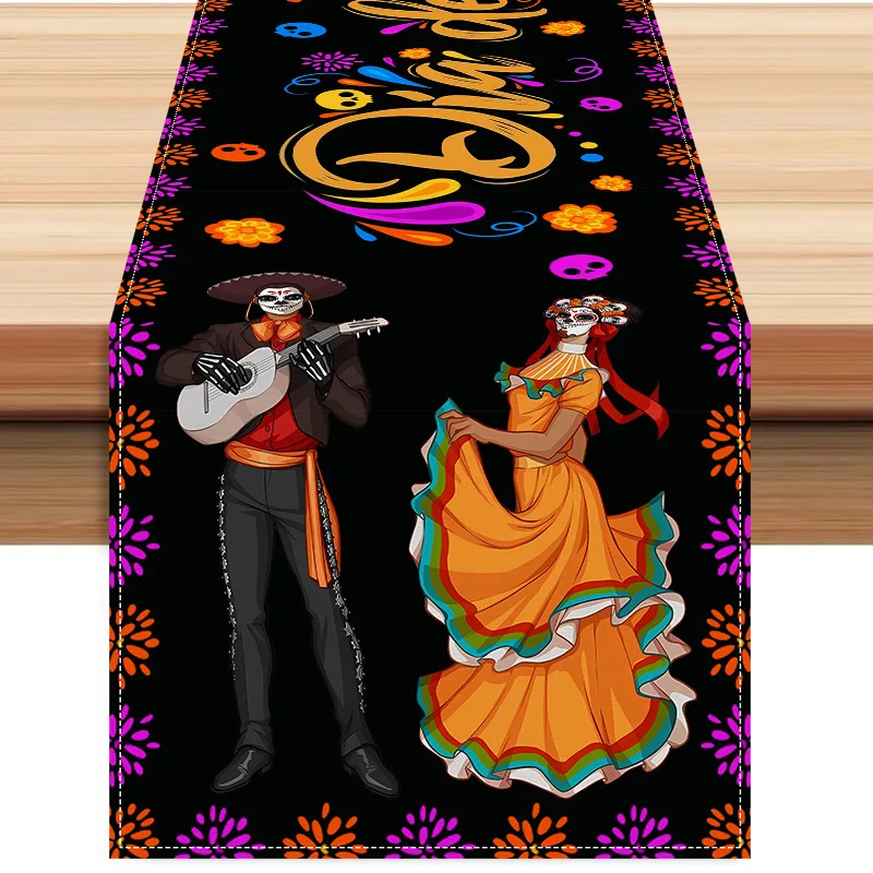 Mexican Skull Dia De Los Muertos Linen Table Runner Mexico Fiesta Party Decor Day of The Dead Table Runners for Table Decoration