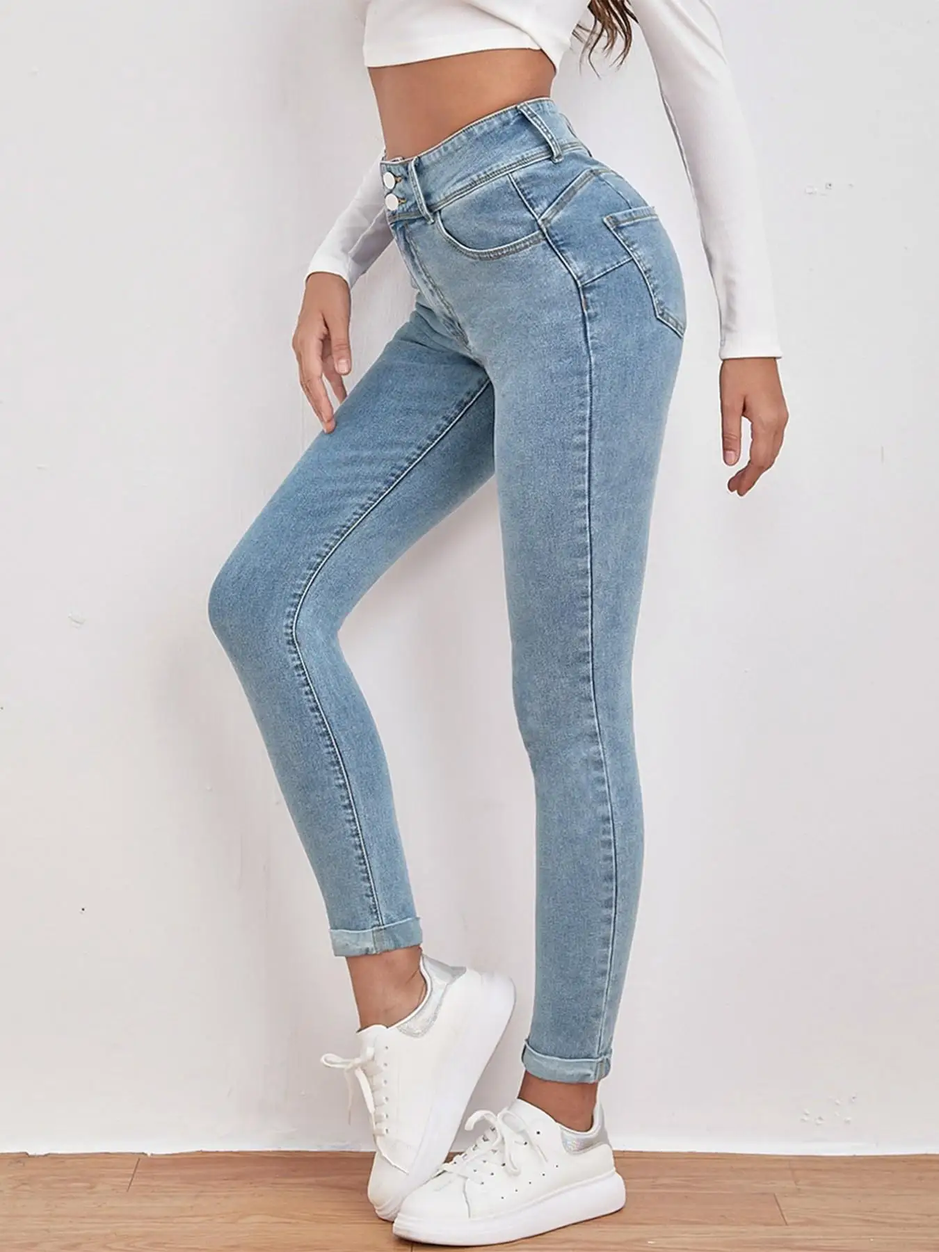 High Street Vintage High Waist Jeans, Slimming Peach Butt Skinny Fit, Double Button Design, Women's Fashion Pants