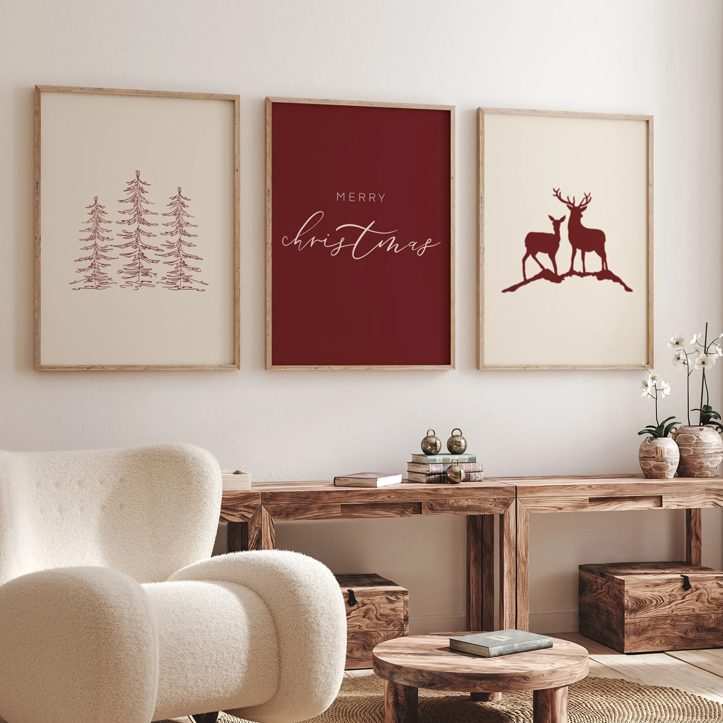 Beige and Red Christmas Tree and Elk Canvas Prints Minimalist Happy Christmas Wall Art Poster for Modern Living Room Home Decor
