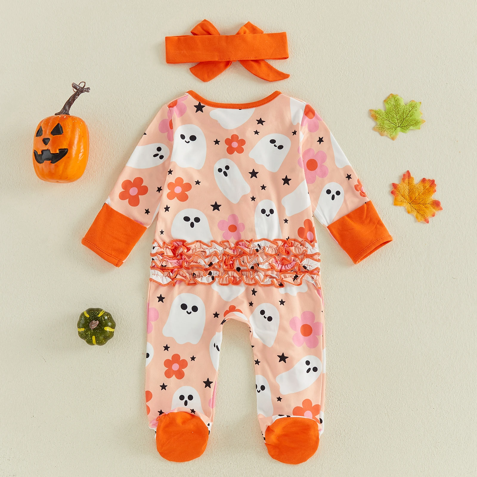 2 Pcs Infant Girl Halloween Outfit Long Sleeve Crew Neck Ghost Ruffle Trim Footed Romper Headband Set Baby Fall Clothes 4