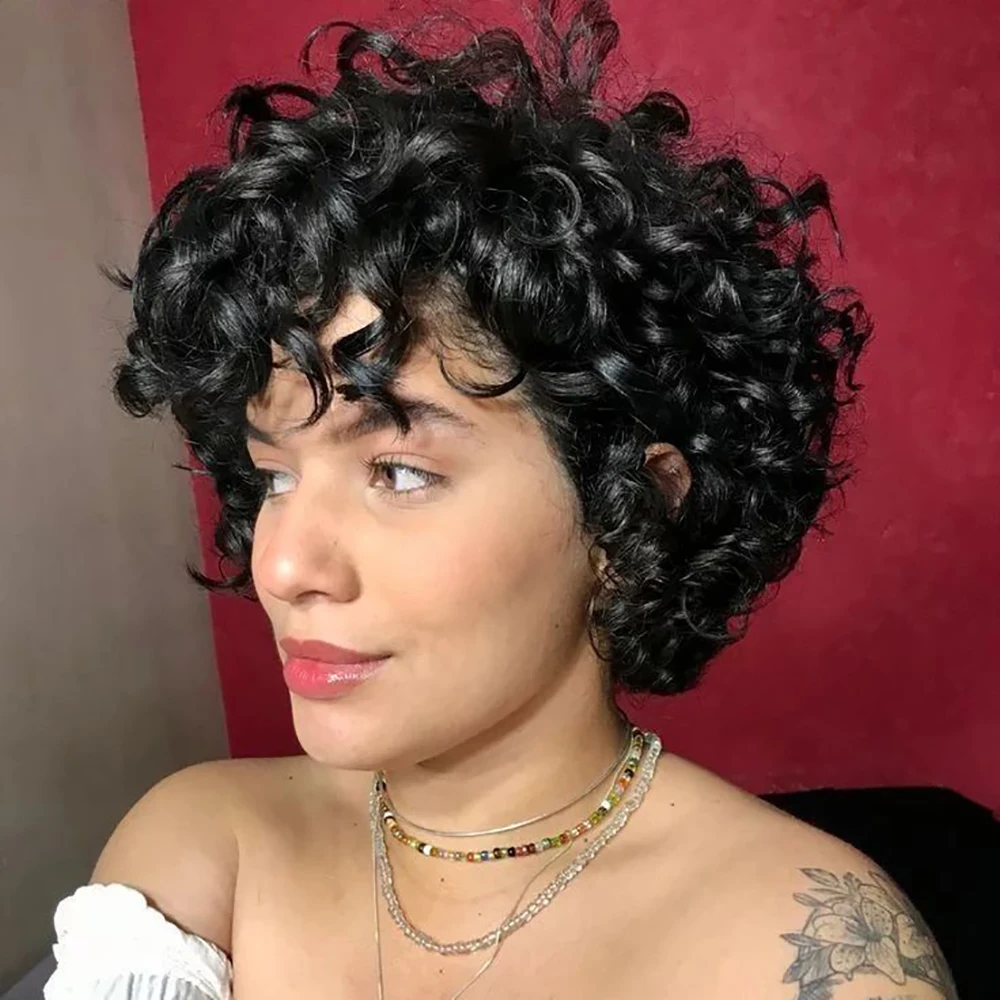 Loose Wave Pixie Cut Wig Brazilian Human Hair Short Curly Wigs with Pre Plucked Bangs for Women Machine Made Cap Ready to Wear