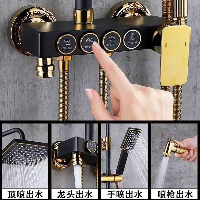 Picture 4: Black Gold Stainless Steel Shower System Complete Set, Brass Thermostatic Button Shower Faucet For Household Bathroom