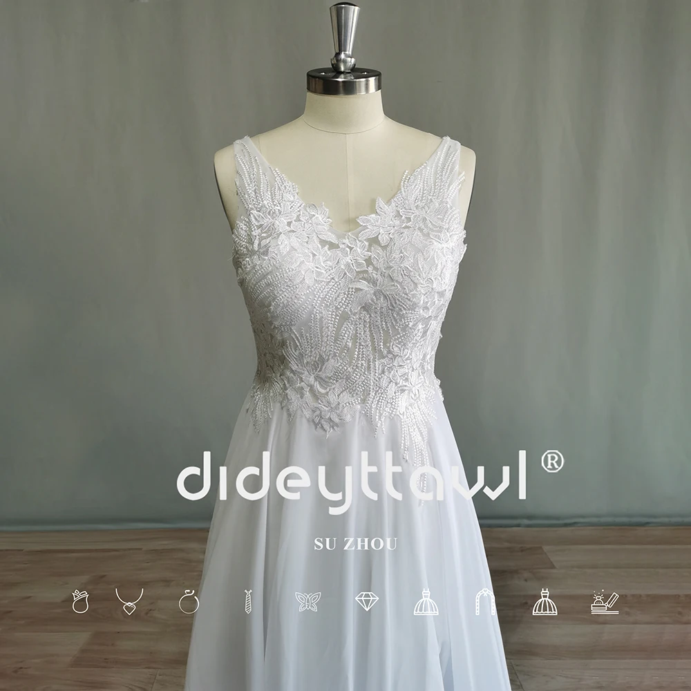 DIDEYTTAWL Boho V-neck Appliques A-LINE Floor Length Chiffon Wedding Dress Sexy Backless Floor Length Bridal Gown