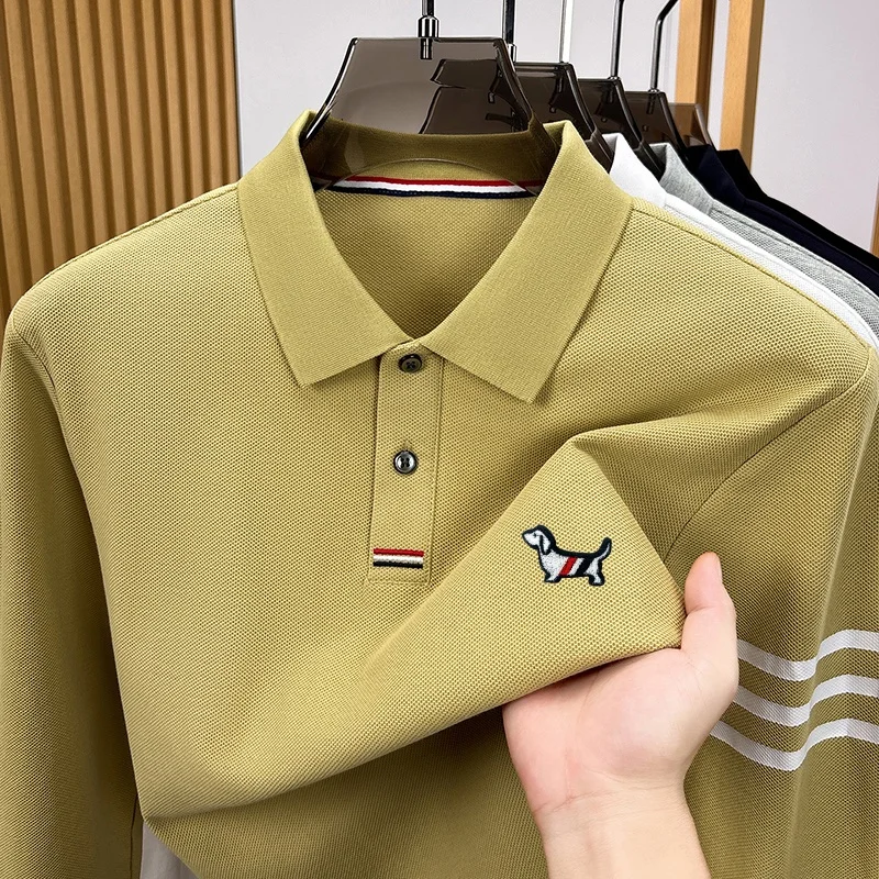 Bestseller 100% Baumwolle Herren Langarm-Poloshirt mit Kragen, Knöpfen und Hundestickerei, Neue Herbst-Winter-Oberteile, Freizeitkleidung für Männer – Detail 8