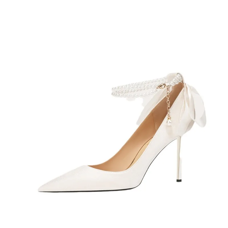 

B30 2025 туфли из овчины с жемчужной цепочкой, туфли для невесты из основной пряжи на высоком каблуке, темпераментные банкетные туфли для подружки невесты, женская обувь с острым носком