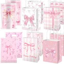 10/50pcs Pink Bow Themed Party Paper Gift Bag Candy Gift Bag Bridal Engagement Wedding Kids Birthday Baby Shower Party Supplies