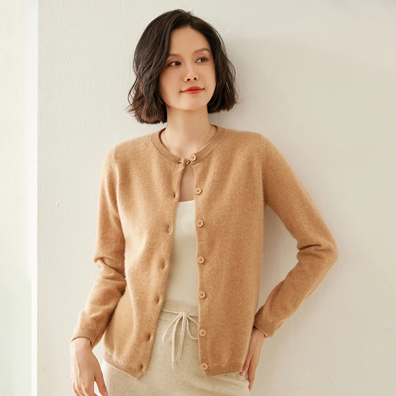 2024 Autumn Basic 65% Wool 35% Cashmere Knitted Cardigan Sweater Simple Fashion Coat Loose Solid Color O-Neck Long-Sleeved Top